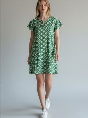 Green Patterned Flutter Sleeve Shift Dress
